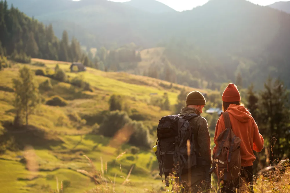 Two hikers overlooking an alpine valley with meadows and forested slopes